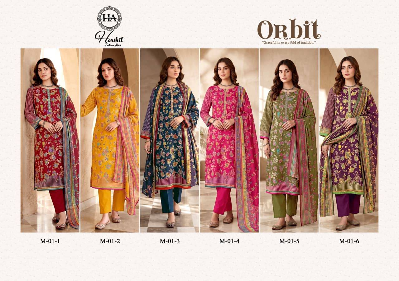 Orbit By Harshit Fashion Hub M-01 To M-06 Series Beautiful Festive Suits Stylish Fancy Colorful Casual Wear & Ethnic Wear Pure Zam Dresses At Wholesale Price